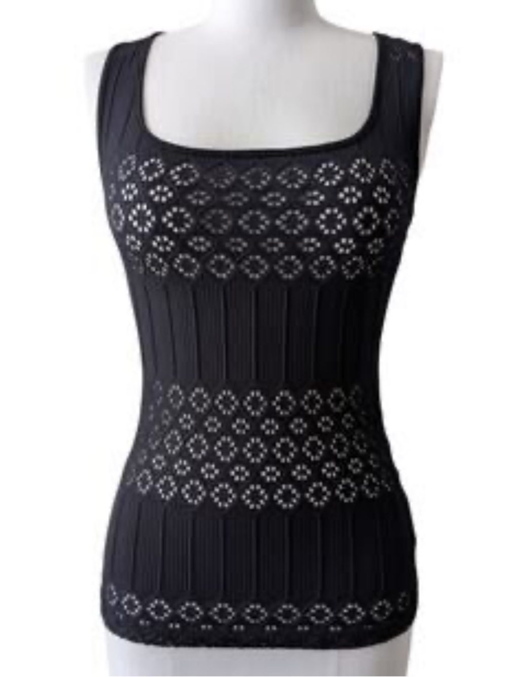 Anne Fontaine Black Knit Openwork Square-Neck Tank